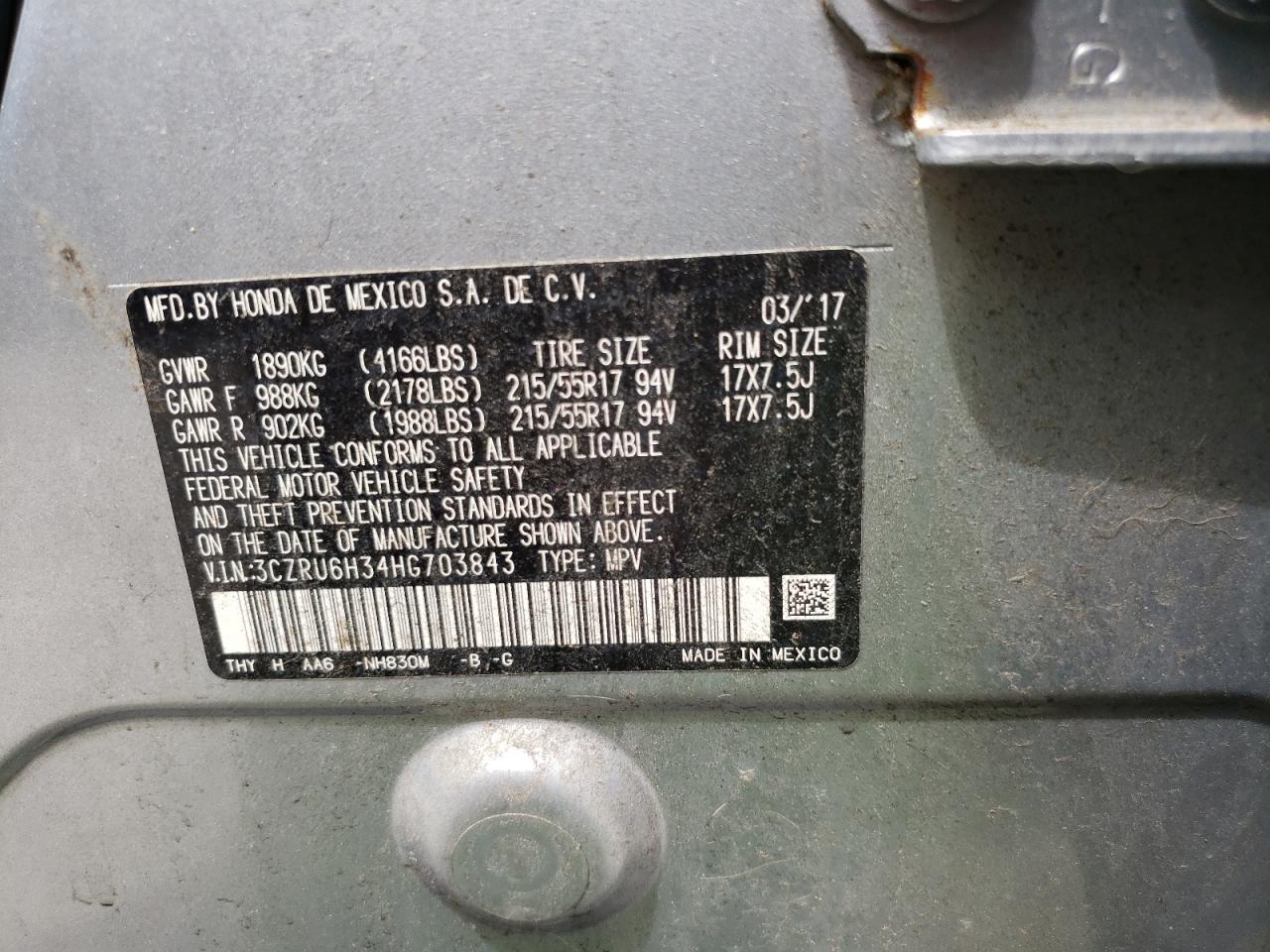 2017 Honda Hr-V Lx VIN: 3CZRU6H34HG703843 Lot: 66381814