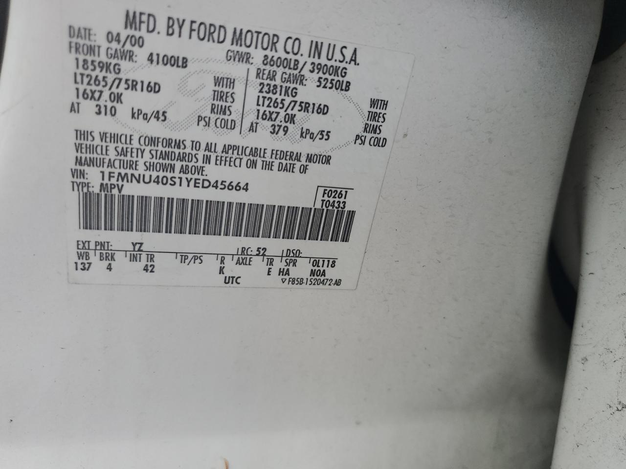 2000 Ford Excursion Xlt VIN: 1FMNU40S1YED45664 Lot: 69075284