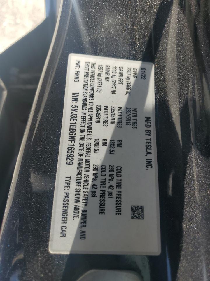 5YJ3E1EB6NF165929 2022 Tesla Model 3