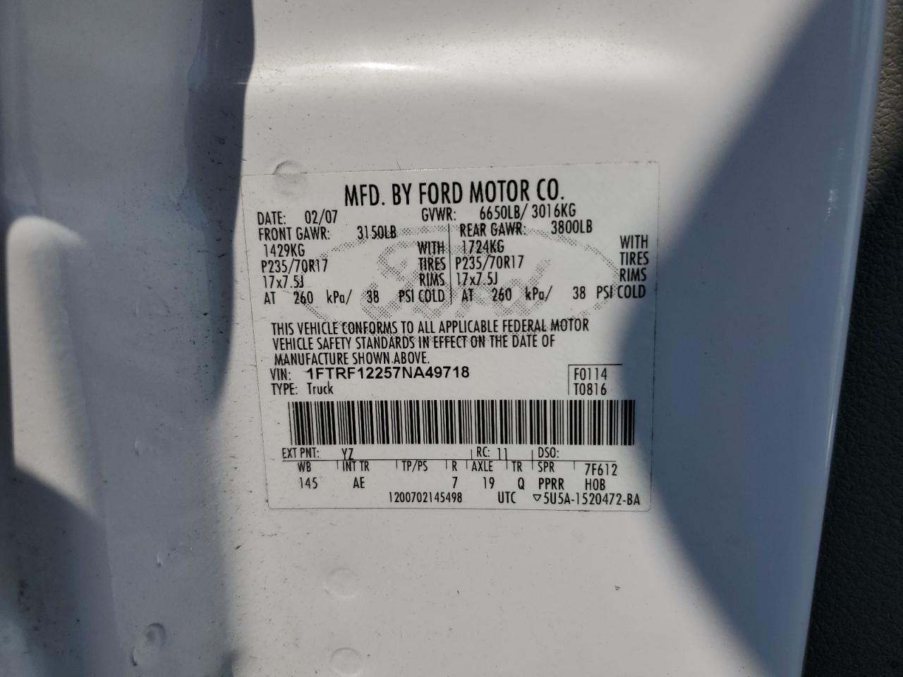 2007 Ford F150 VIN: 1FTRF12257NA49718 Lot: 66280544