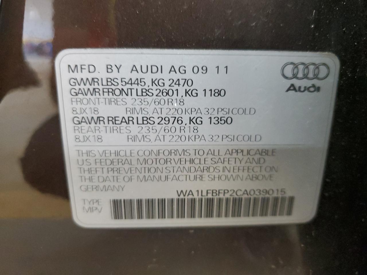 2012 Audi Q5 Premium Plus VIN: WA1LFBFP2CA039015 Lot: 67899644