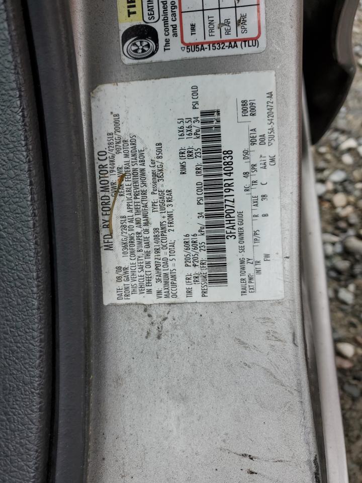 2009 Ford Fusion Se VIN: 3FAHP07Z19R140838 Lot: 67645824