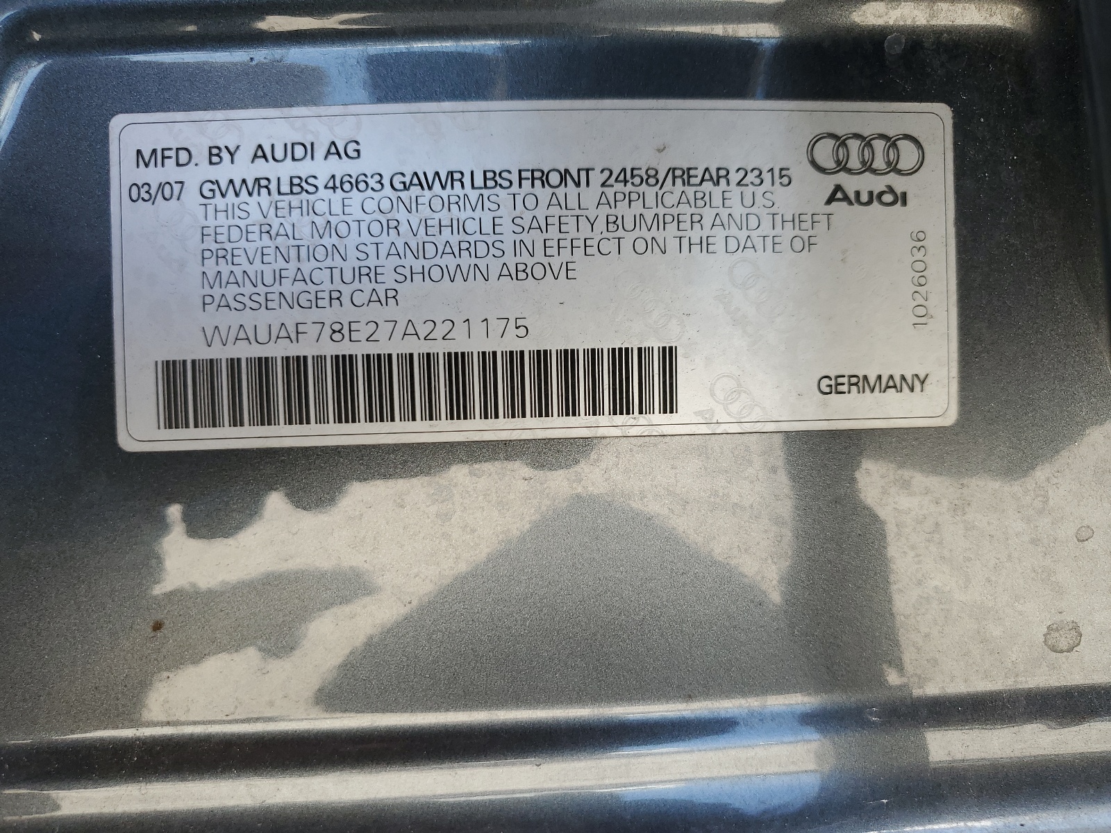 WAUAF78E27A221175 2007 Audi A4 2