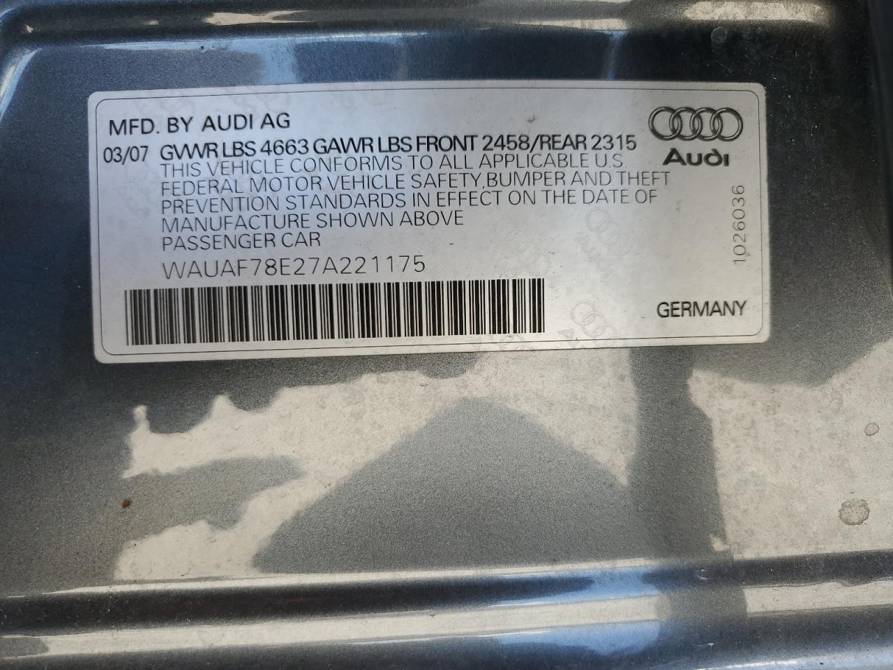 2007 Audi A4 2 VIN: WAUAF78E27A221175 Lot: 67950934