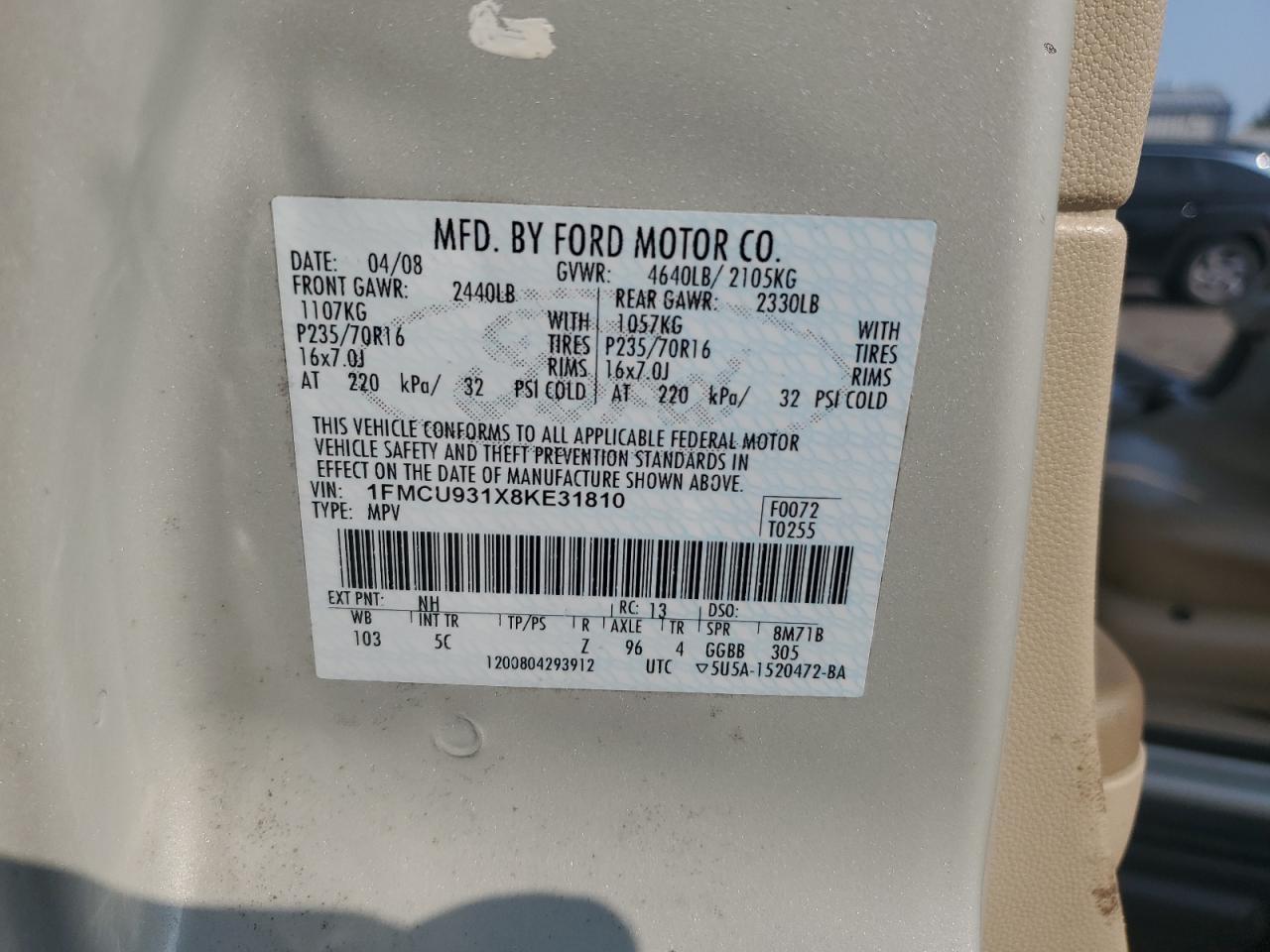 2008 Ford Escape Xlt VIN: 1FMCU931X8KE31810 Lot: 65801634