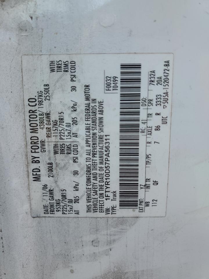 2007 Ford Ranger VIN: 1FTYR10D57PA56311 Lot: 69072194