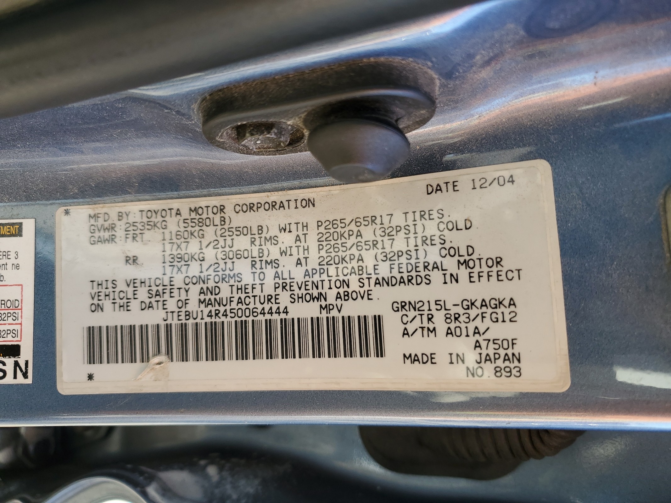 JTEBU14R450064444 2005 Toyota 4Runner Sr5