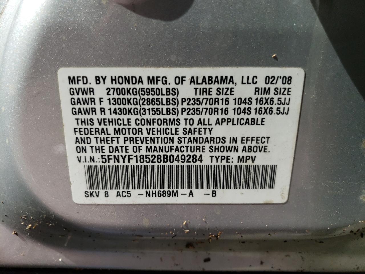 5FNYF18528B049284 2008 Honda Pilot Exl