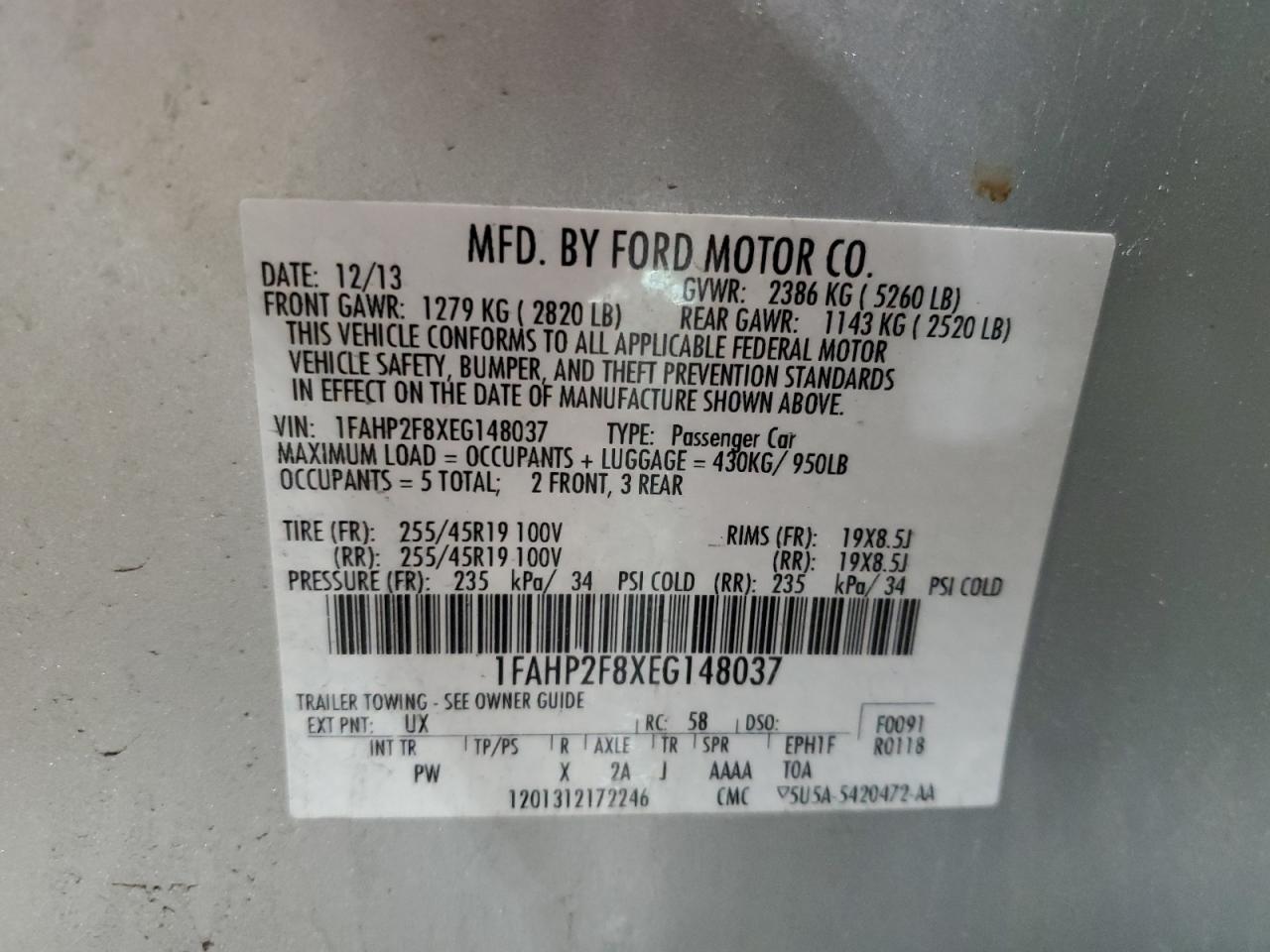 1FAHP2F8XEG148037 2014 Ford Taurus Limited