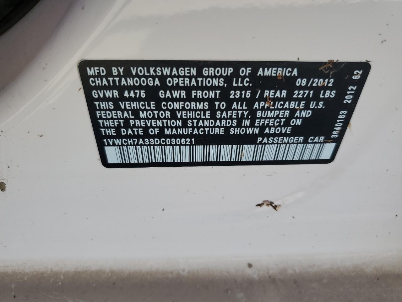 2013 Volkswagen Passat Sel VIN: 1VWCH7A33DC030621 Lot: 65983034