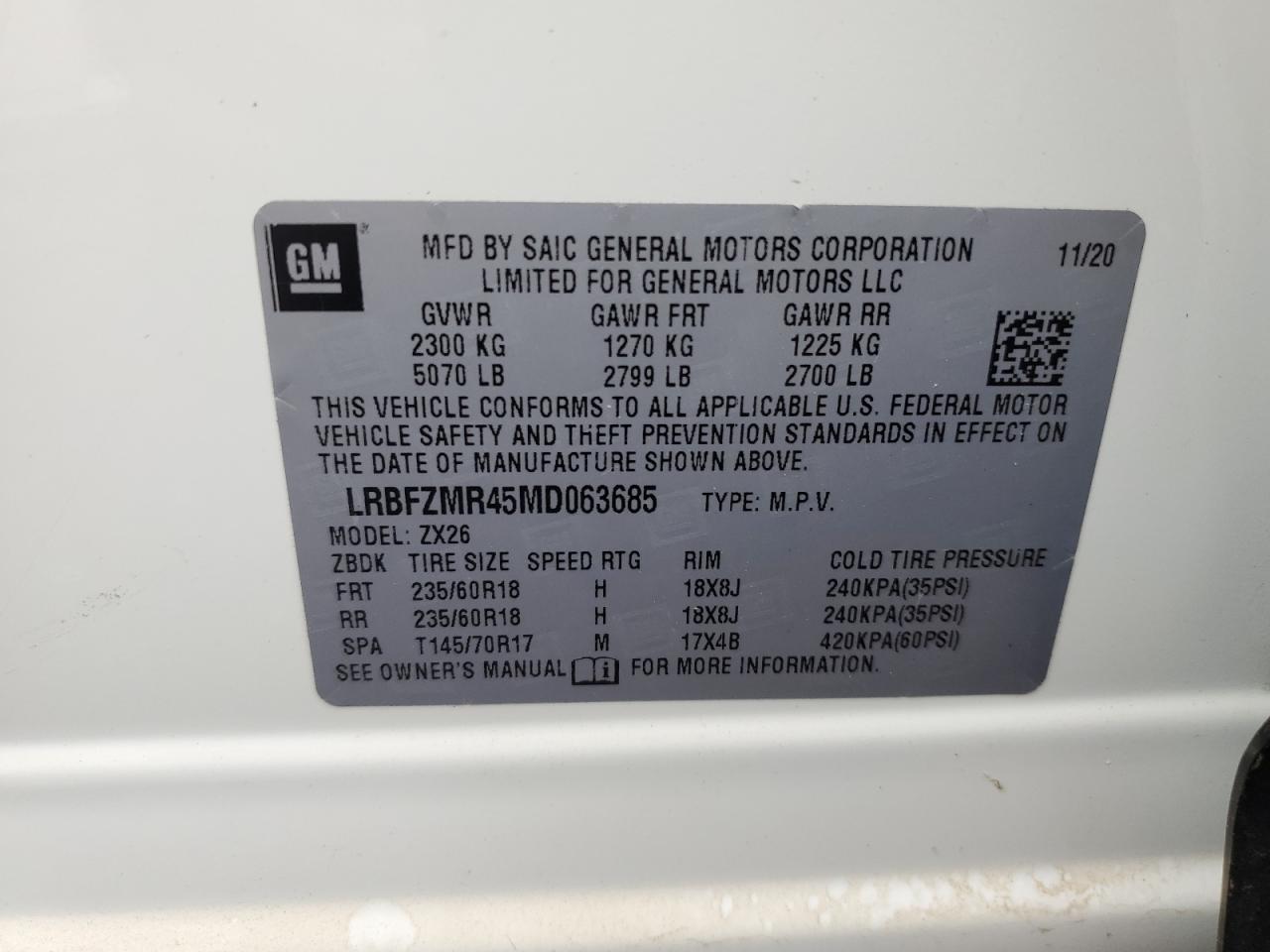 2021 Buick Envision Preferred VIN: LRBFZMR45MD063685 Lot: 66777994