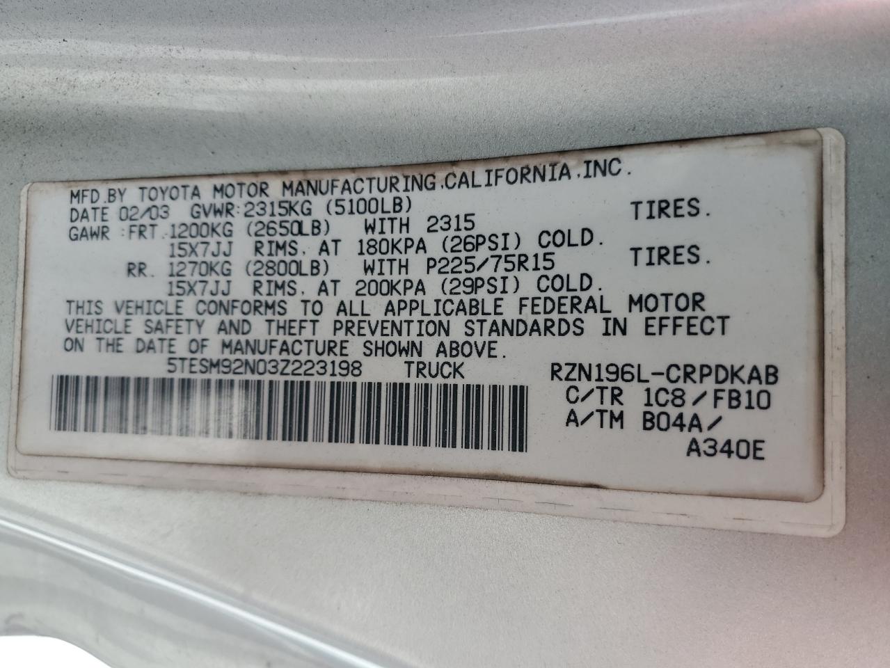 2003 Toyota Tacoma Xtracab Prerunner VIN: 5TESM92N03Z223198 Lot: 68474304