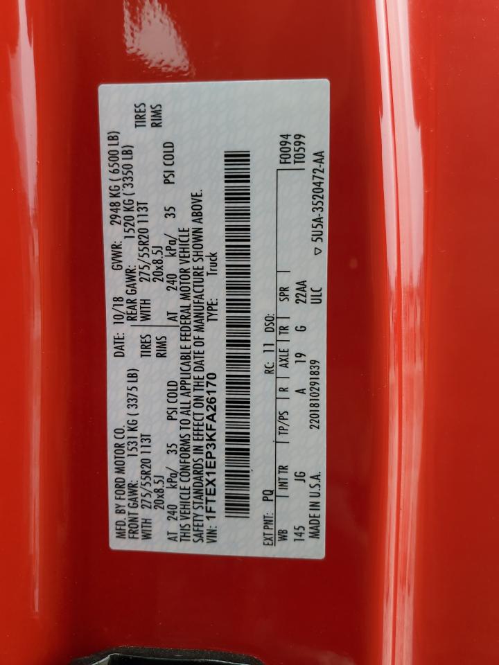 2019 Ford F150 Super Cab VIN: 1FTEX1EP3KFA26170 Lot: 63650814