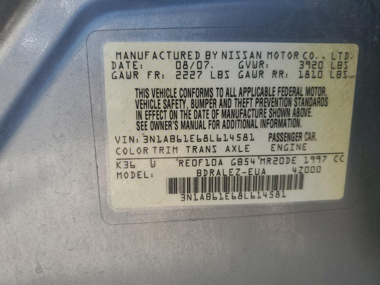 3N1AB61E68L614581 2008 Nissan Sentra 2.0