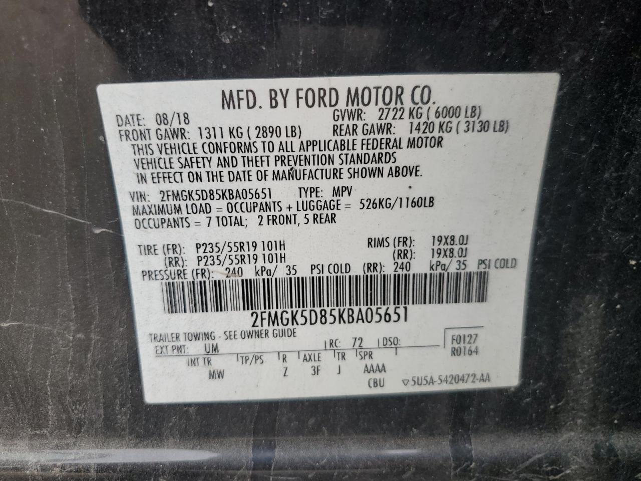 2FMGK5D85KBA05651 2019 Ford Flex Limited