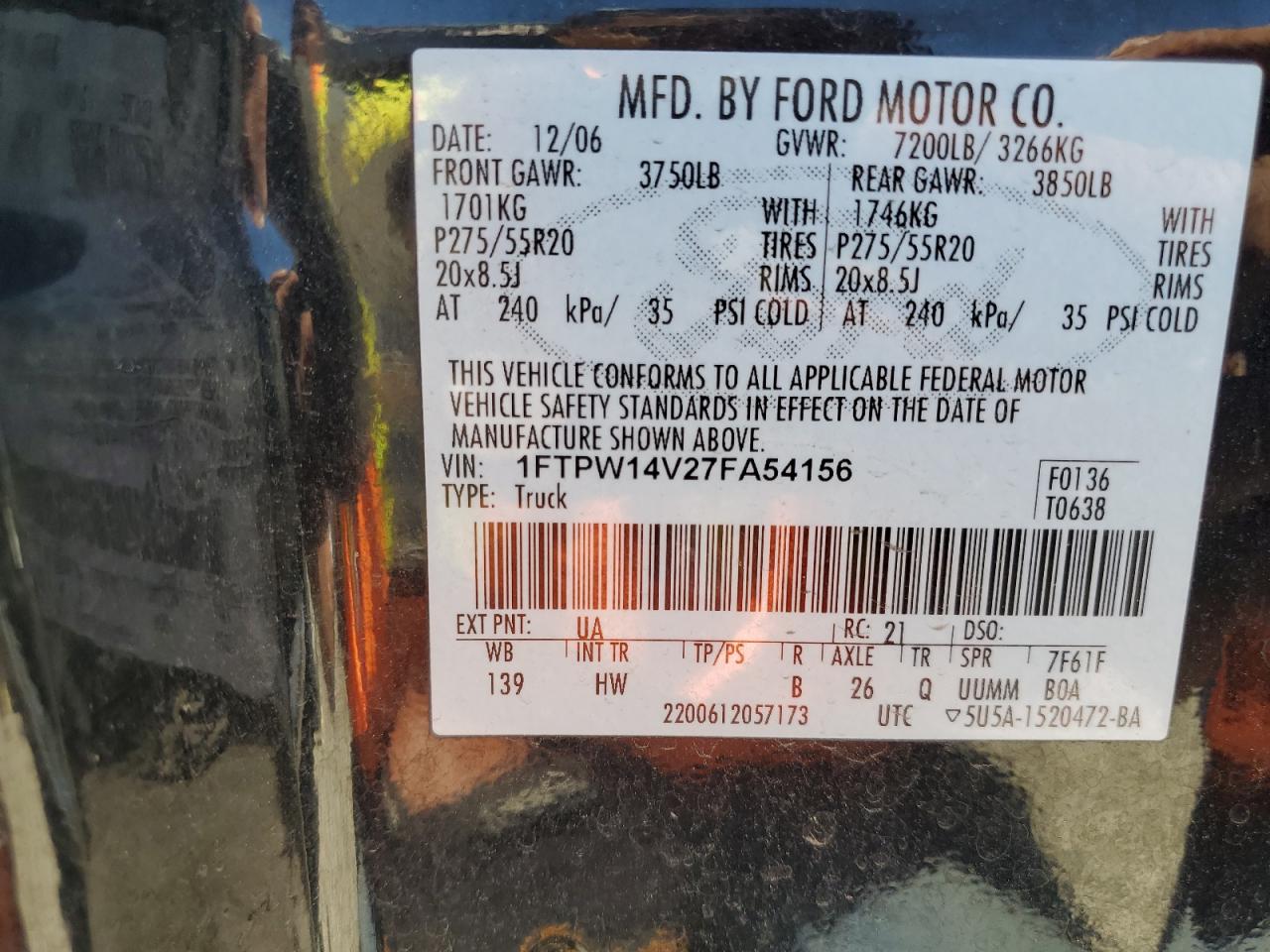 2007 Ford F150 Supercrew VIN: 1FTPW14V27FA54156 Lot: 66232294