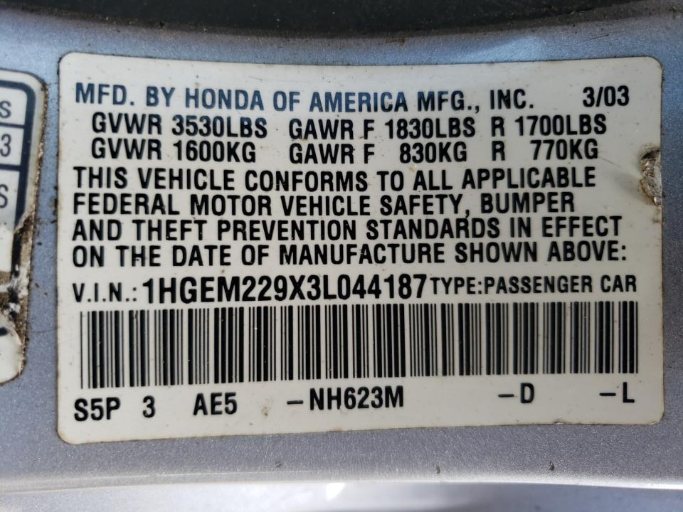 1HGEM229X3L044187 2003 Honda Civic Ex