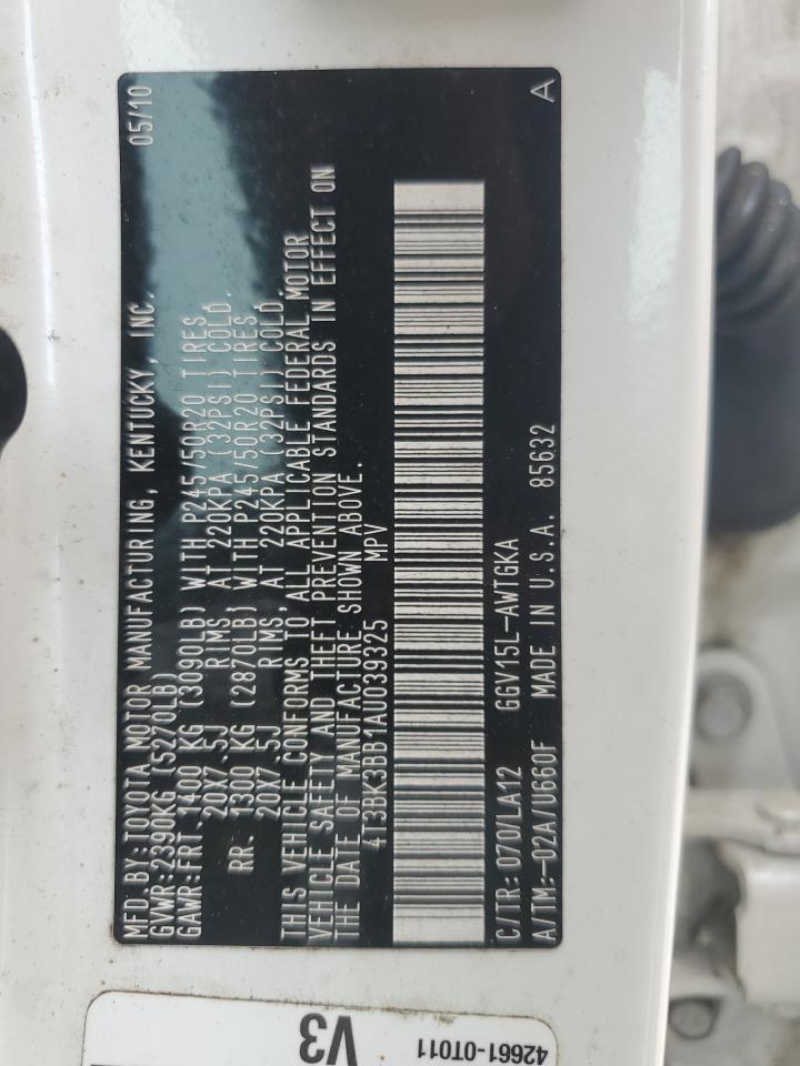 2010 Toyota Venza VIN: 4T3BK3BB1AU039325 Lot: 67334414