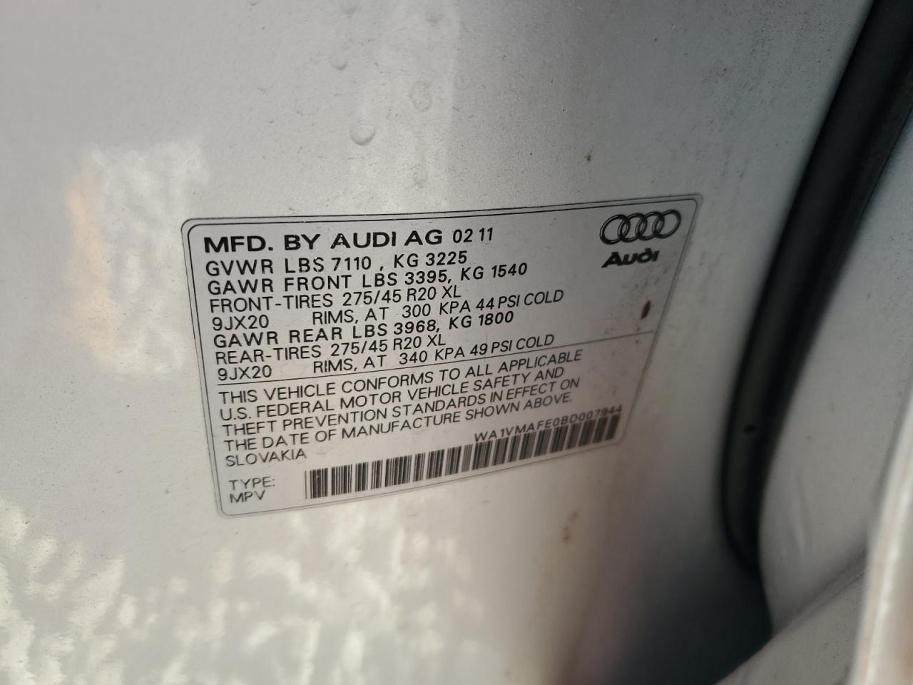 WA1VMAFE0BD007944 2011 Audi Q7 Prestige