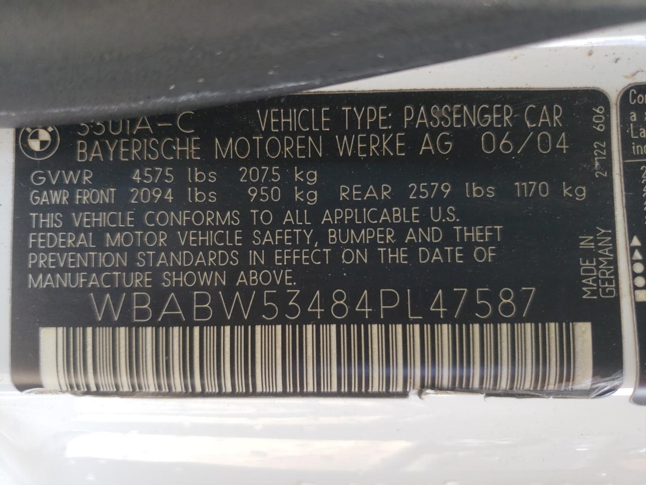 2004 BMW 330 Ci VIN: WBABW53484PL47587 Lot: 67407684