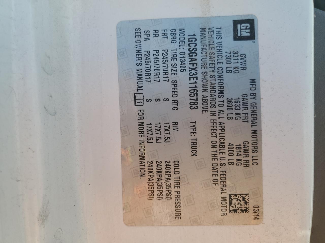 2014 Chevrolet Express G1500 VIN: 1GCSGAFX3E1165783 Lot: 66875384