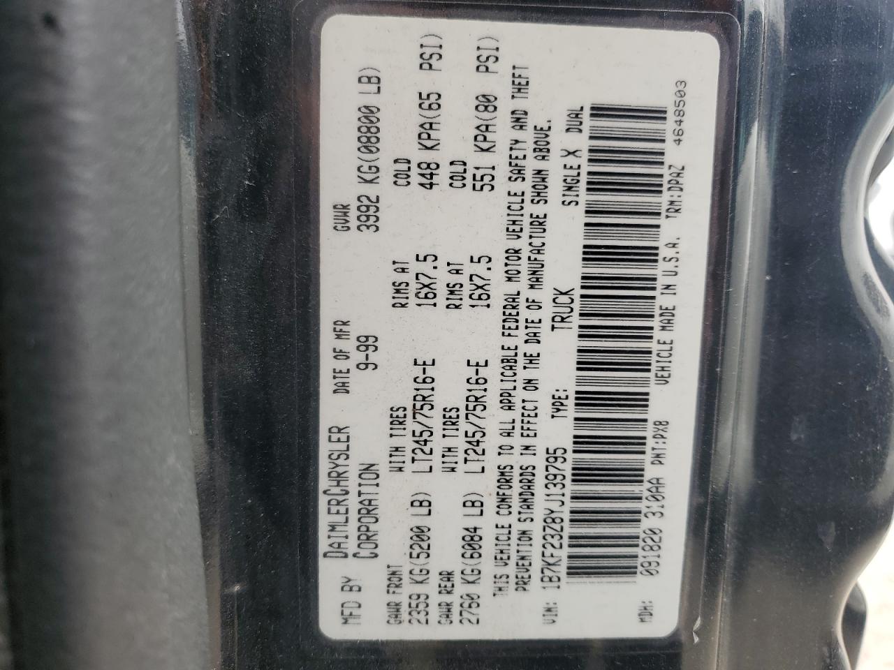 2000 Dodge Ram 2500 VIN: 1B7KF23Z8YJ139795 Lot: 68518154