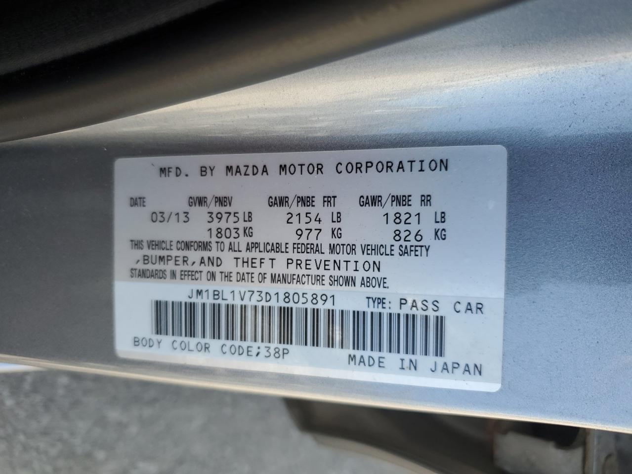 JM1BL1V73D1805891 2013 Mazda 3 I