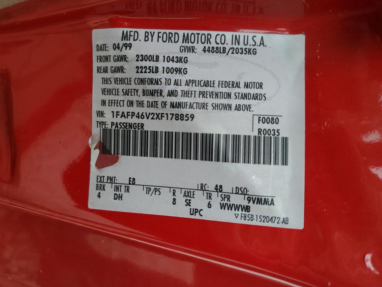 1999 Ford Mustang Cobra Svt VIN: 1FAFP46V2XF178859 Lot: 67139554