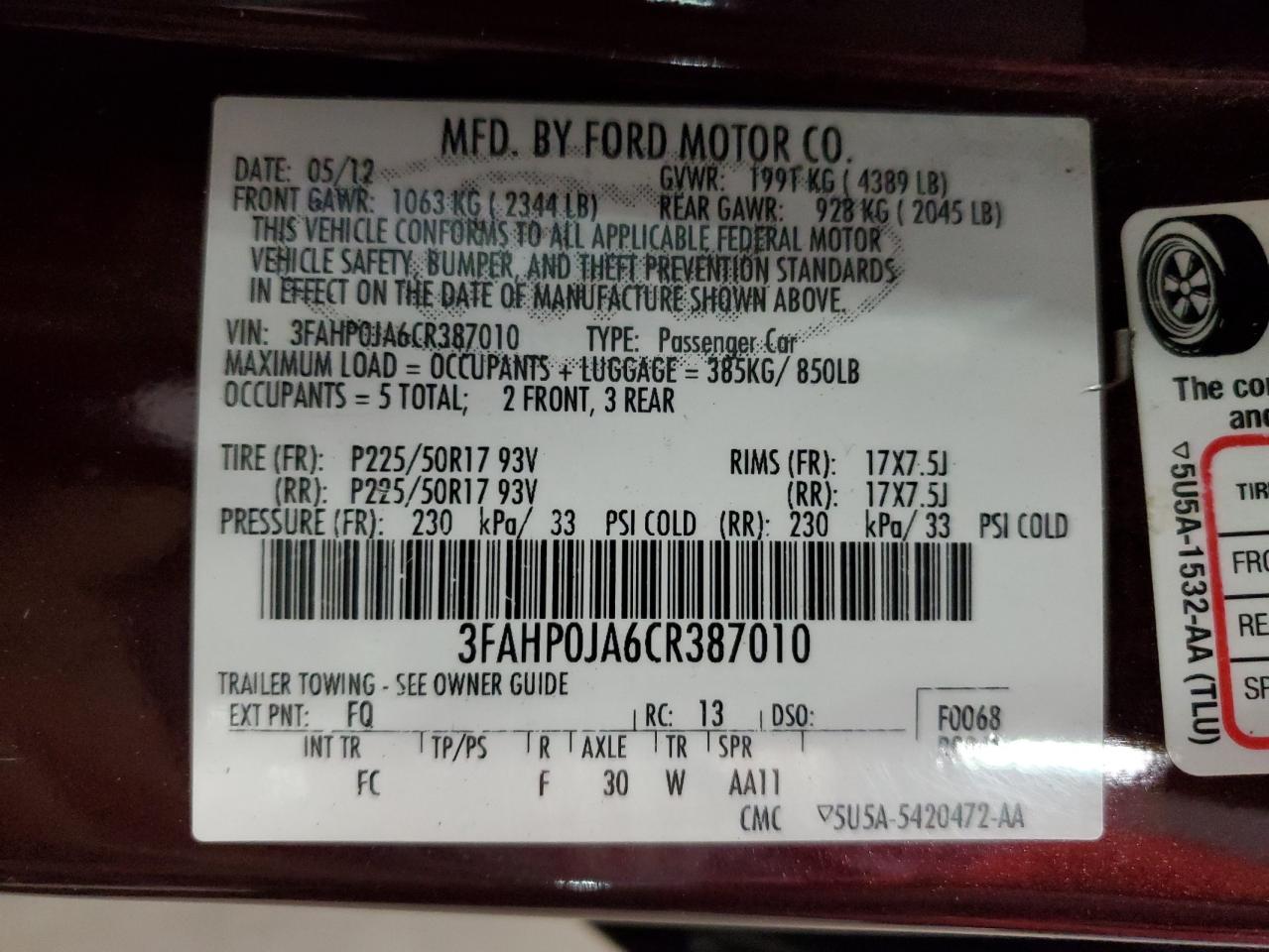 2012 Ford Fusion Sel VIN: 3FAHP0JA6CR387010 Lot: 67557864