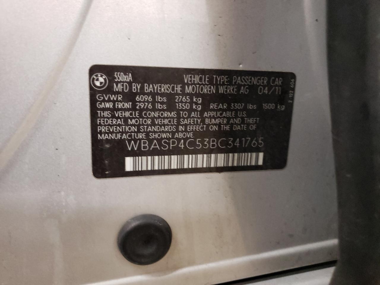 2011 BMW 550 Xigt VIN: WBASP4C53BC341765 Lot: 65751134