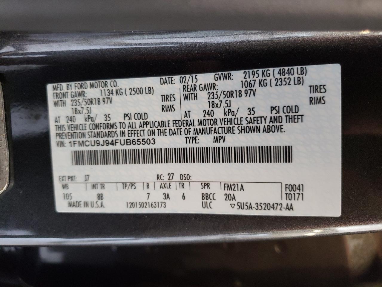 1FMCU9J94FUB65503 2015 Ford Escape Titanium