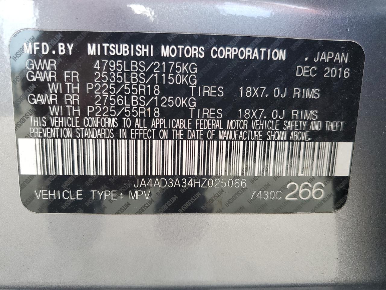 JA4AD3A34HZ025066 2017 Mitsubishi Outlander Se