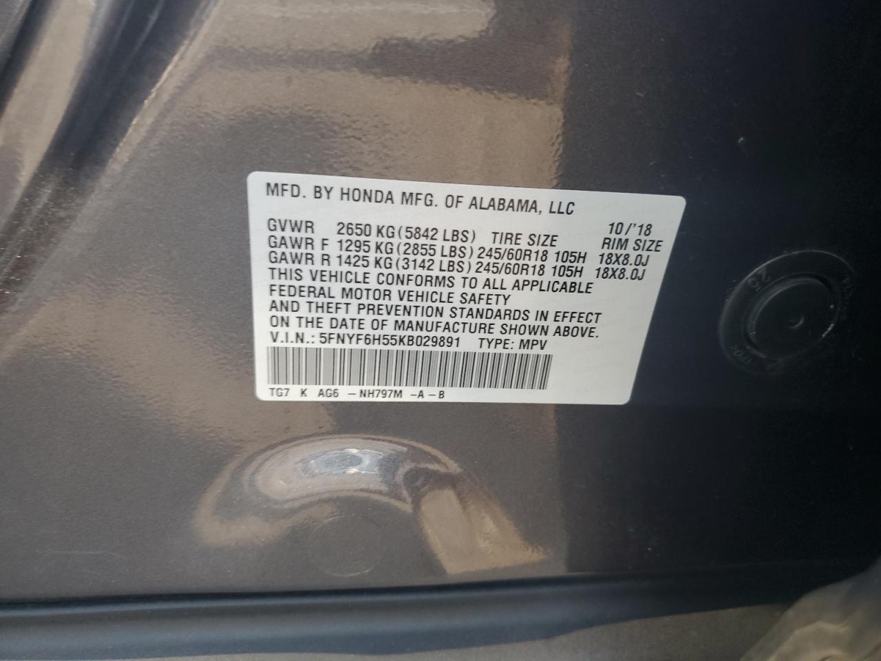 2019 Honda Pilot Exl VIN: 5FNYF6H55KB029891 Lot: 65648174