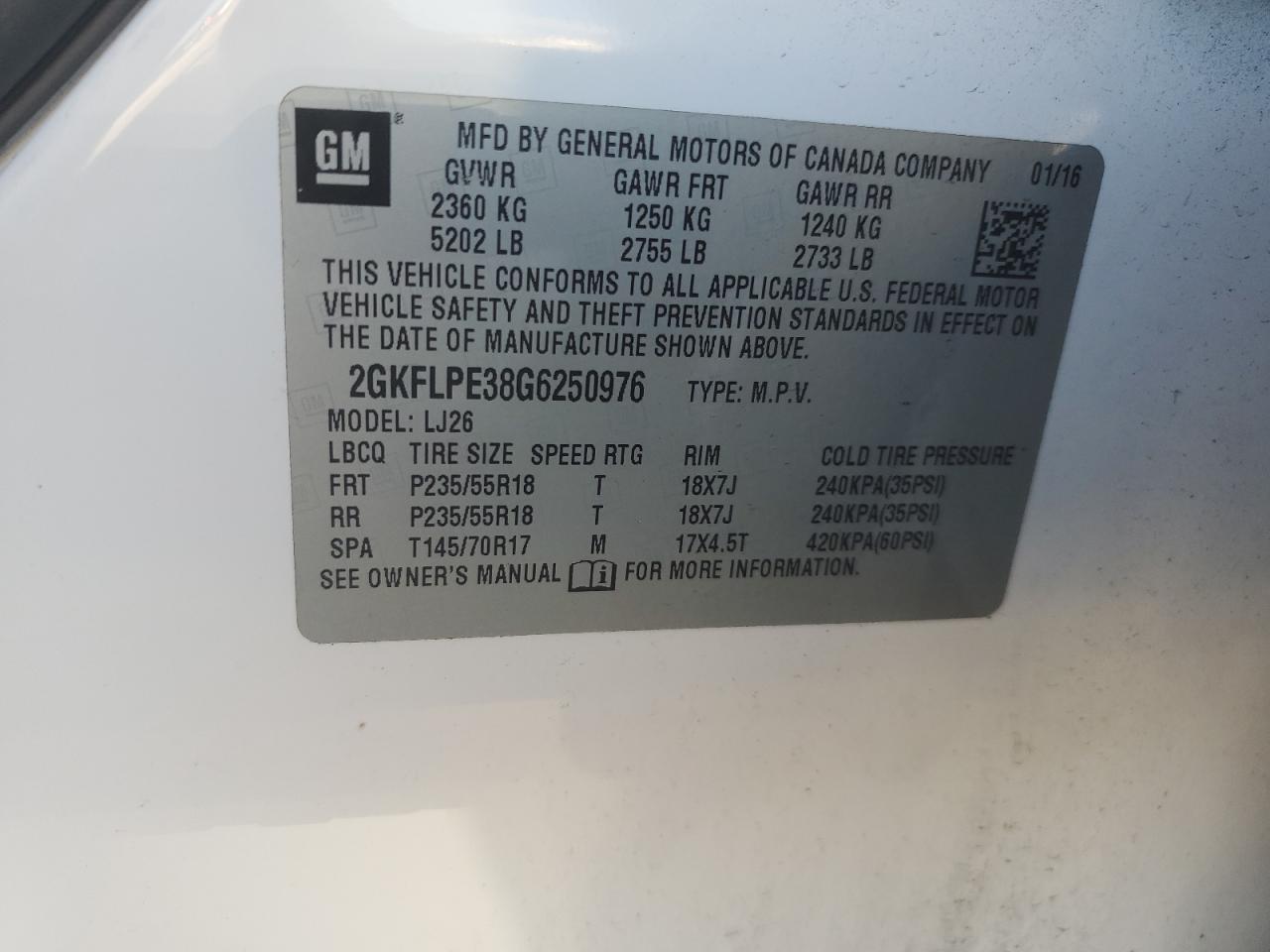 2GKFLPE38G6250976 2016 GMC Terrain Slt