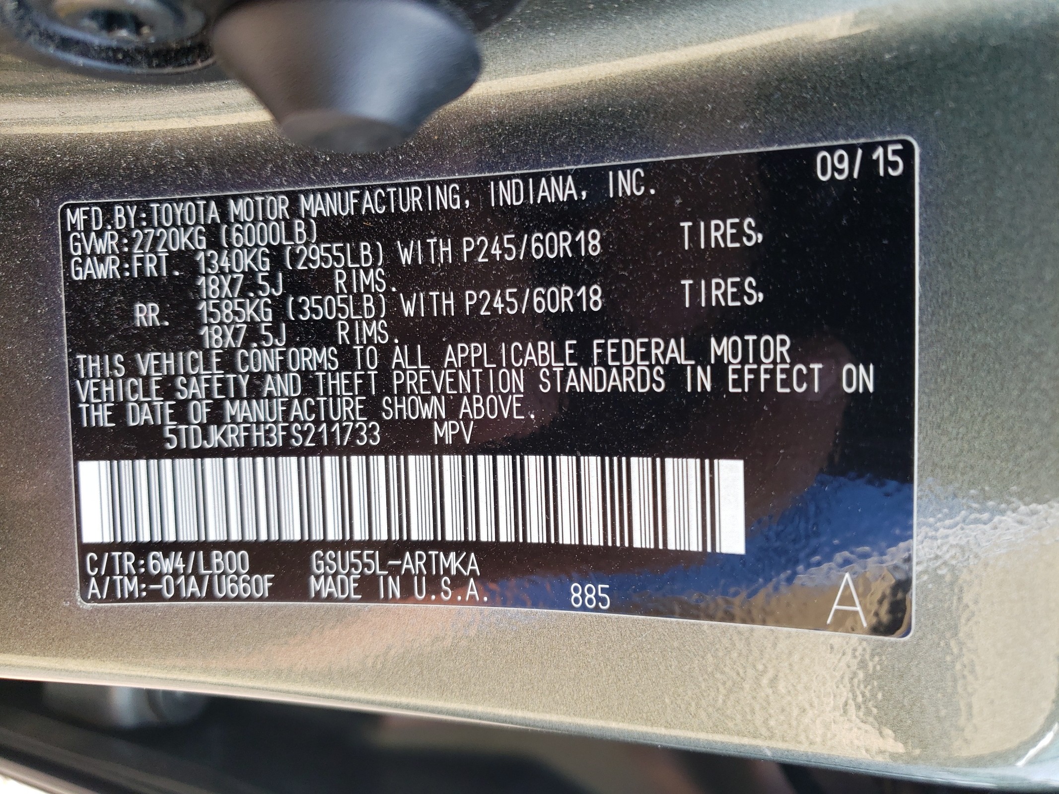 5TDJKRFH3FS211733 2015 Toyota Highlander Xle