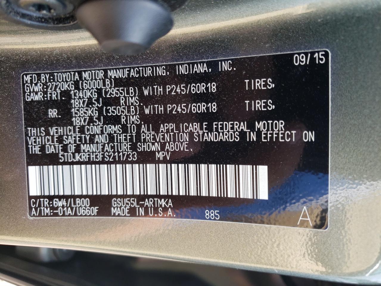 2015 Toyota Highlander Xle VIN: 5TDJKRFH3FS211733 Lot: 67239804