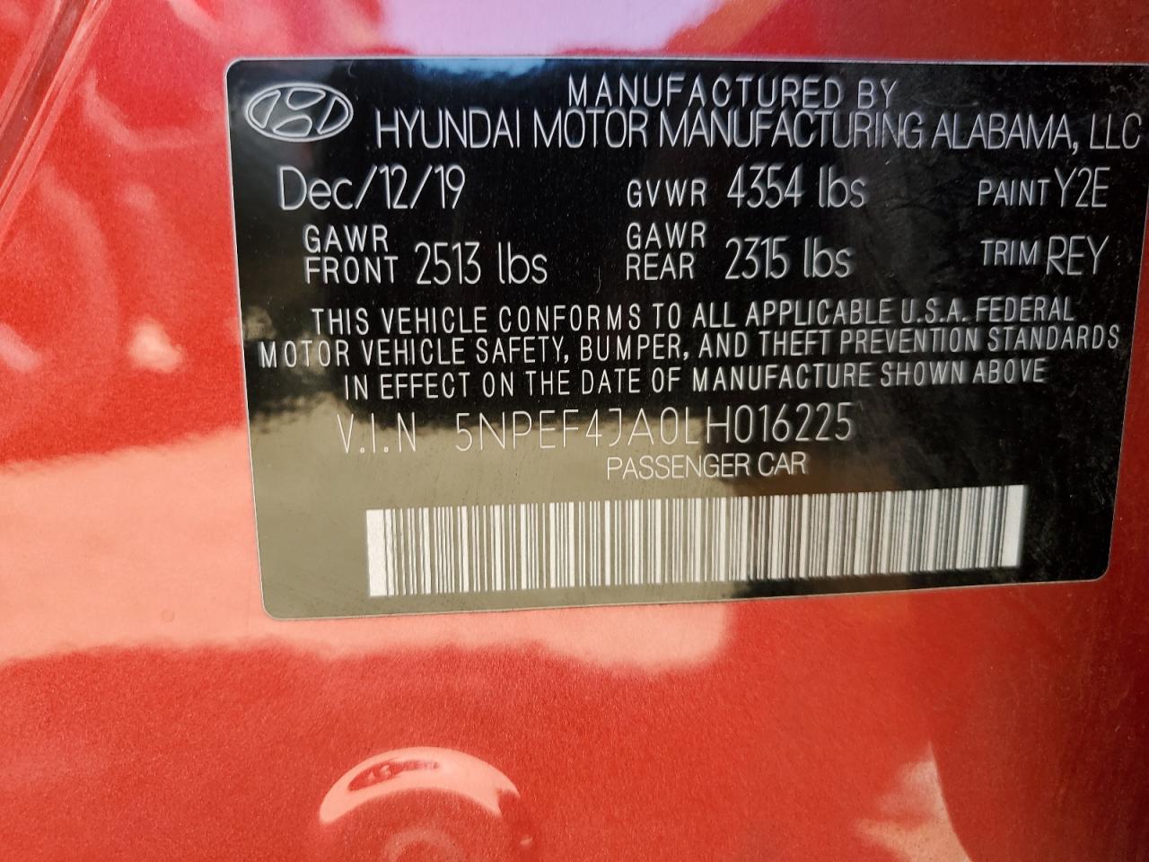 5NPEF4JA0LH016225 2020 Hyundai Sonata Sel