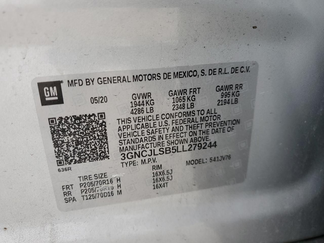 3GNCJLSB5LL279244 2020 Chevrolet Trax 1Lt