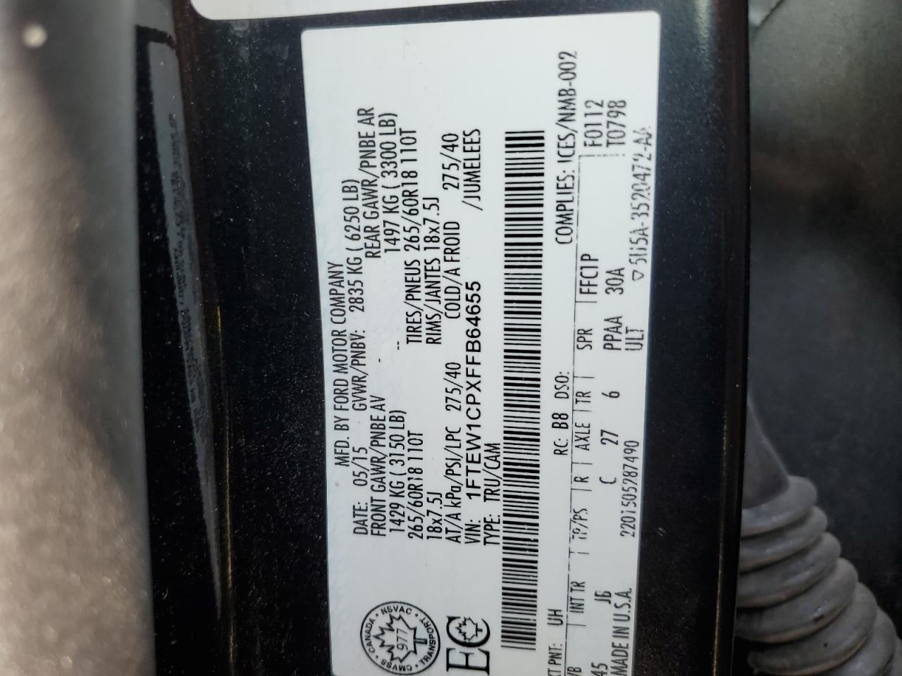 1FTEW1CPXFFB64655 2015 Ford F150 Supercrew