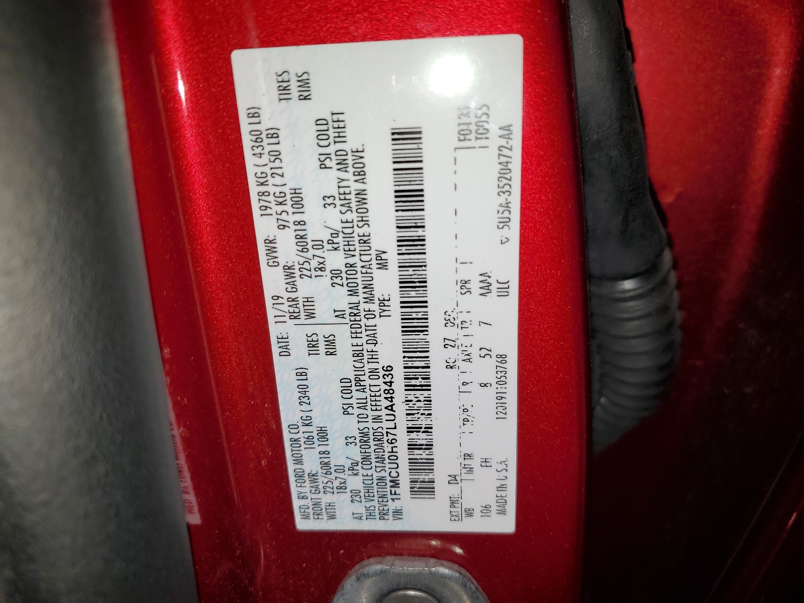 1FMCU0H67LUA48436 2020 Ford Escape Sel