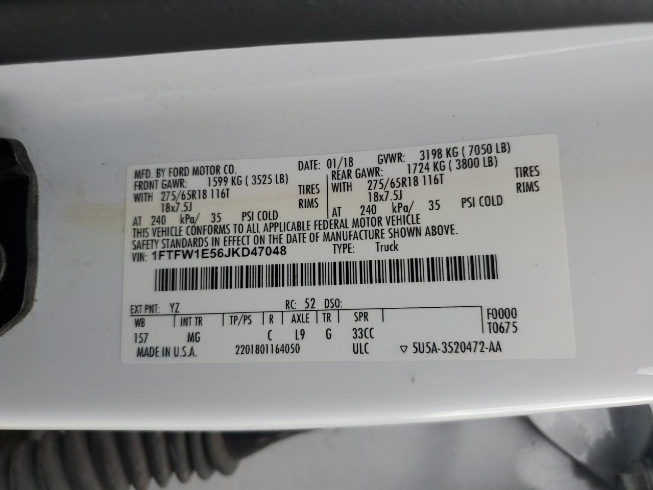 2018 Ford F150 Supercrew VIN: 1FTFW1E56JKD47048 Lot: 65061644