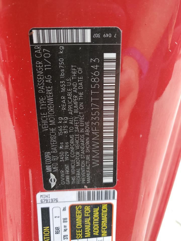 2007 Mini Cooper VIN: WMWMF33517TT58643 Lot: 68236924