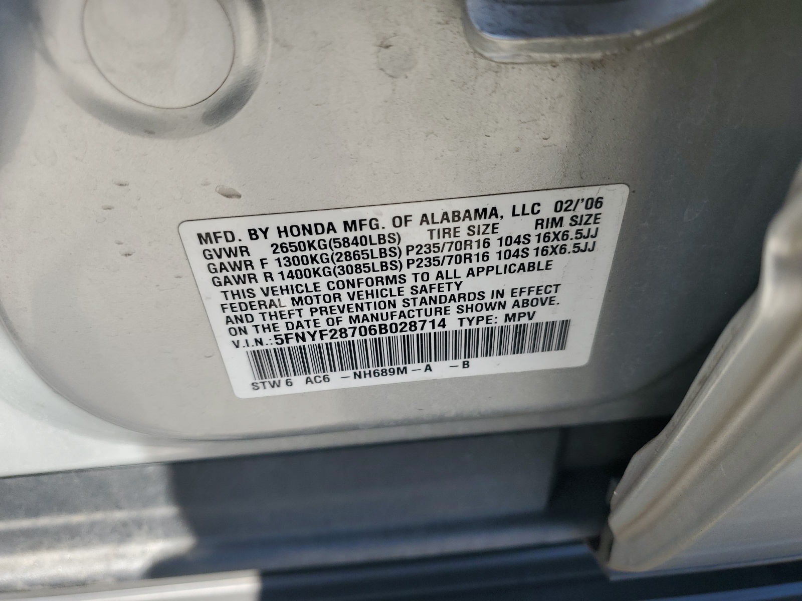 5FNYF28706B028714 2006 Honda Pilot Ex