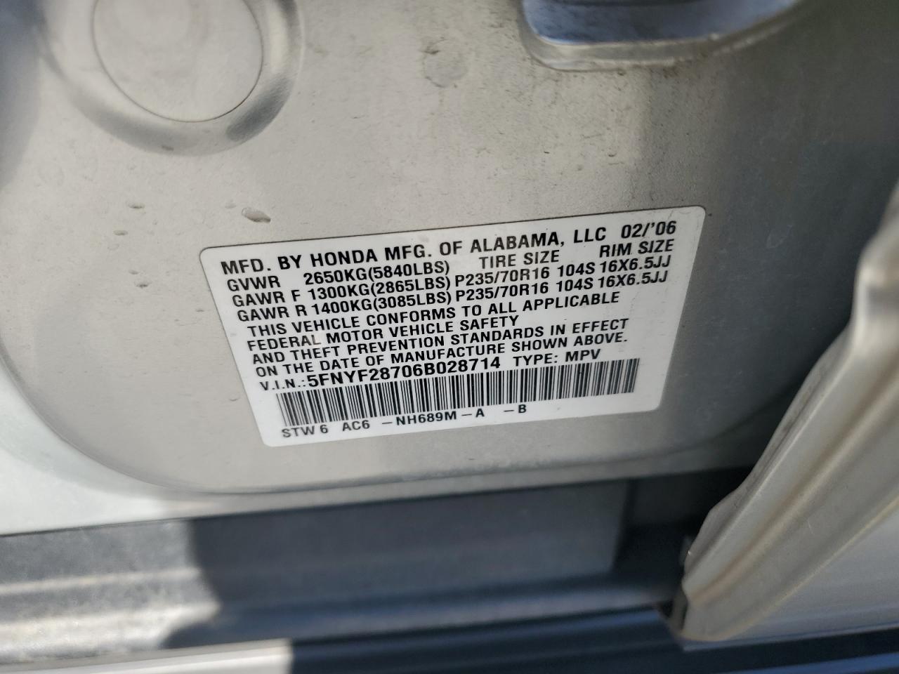 2006 Honda Pilot Ex VIN: 5FNYF28706B028714 Lot: 67495534