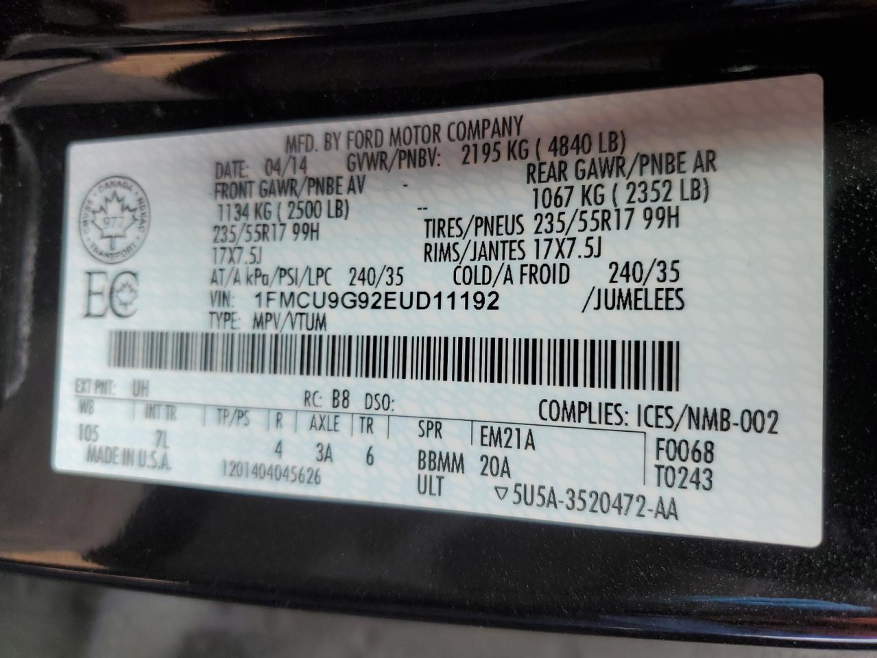 2014 Ford Escape Se VIN: 1FMCU9G92EUD11192 Lot: 67387584