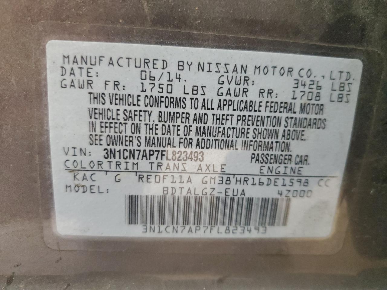 3N1CN7AP7FL823493 2015 Nissan Versa S