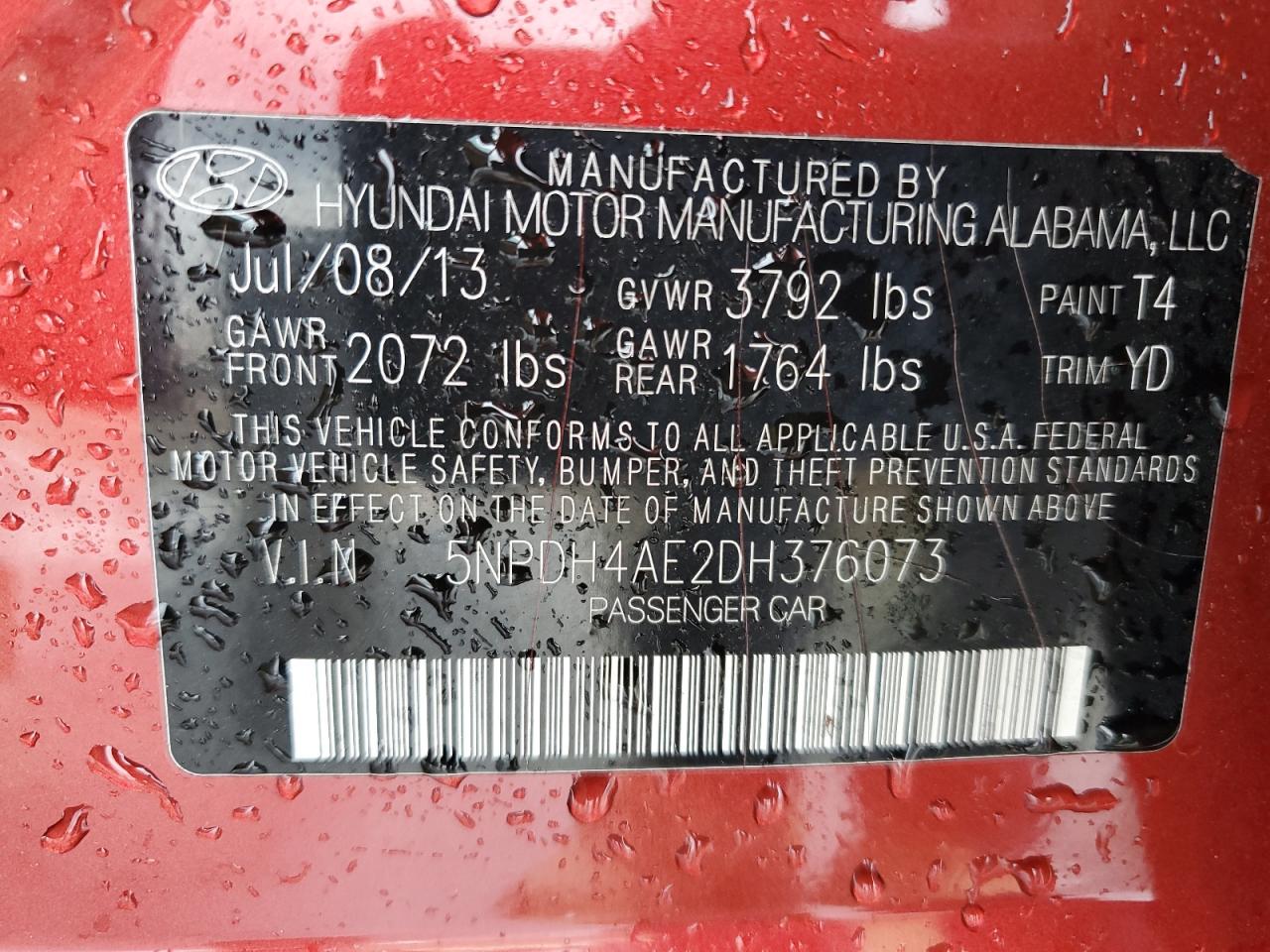 2013 Hyundai Elantra Gls VIN: 5NPDH4AE2DH376073 Lot: 67652904