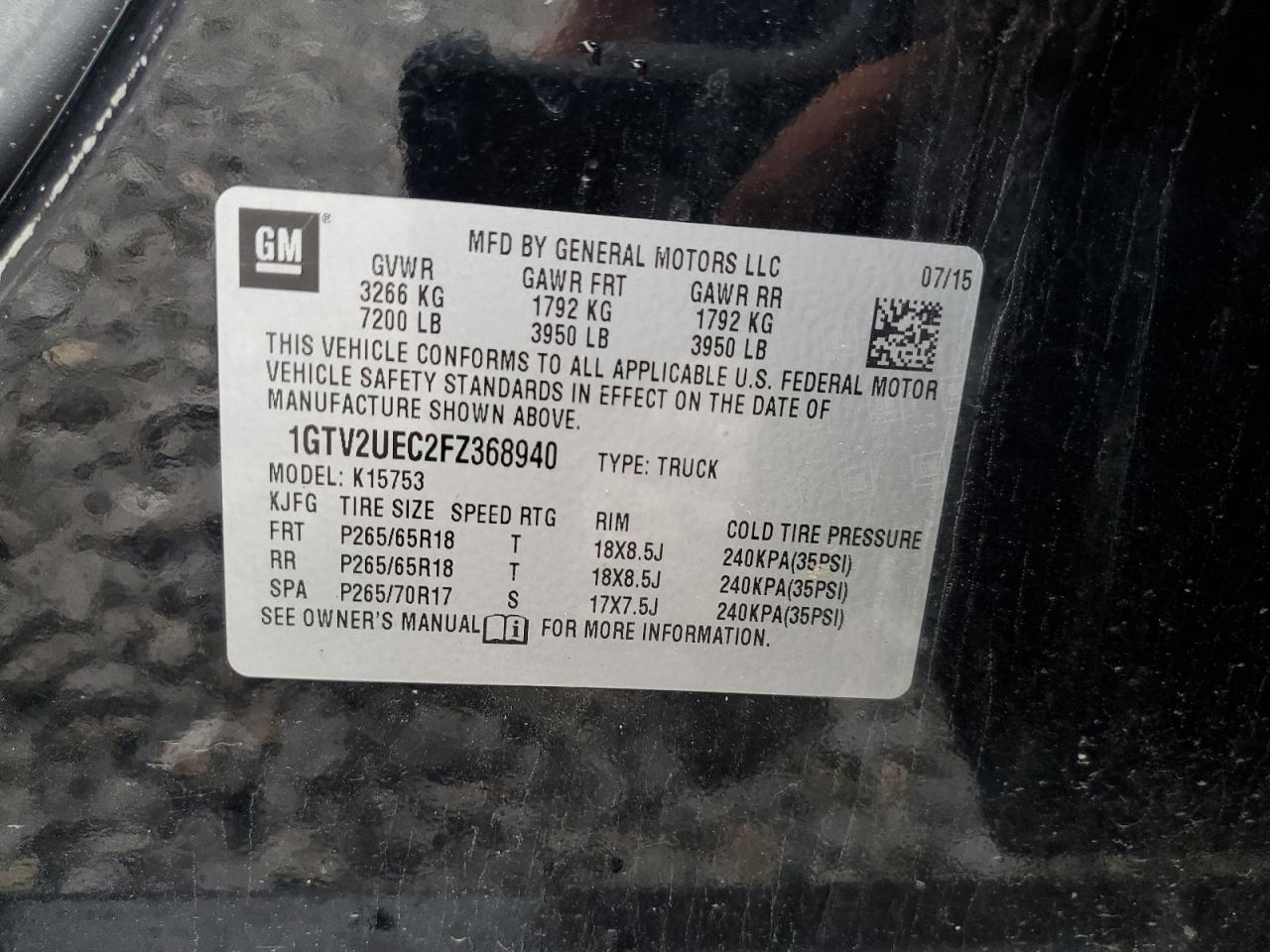 1GTV2UEC2FZ368940 2015 GMC Sierra K1500 Sle