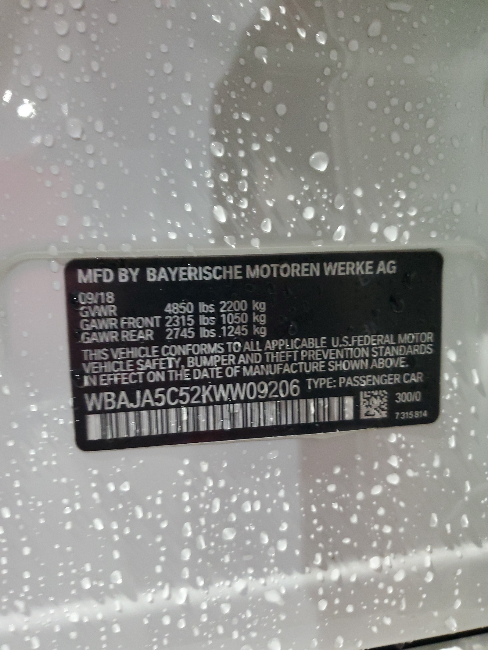 WBAJA5C52KWW09206 2019 BMW 530 I