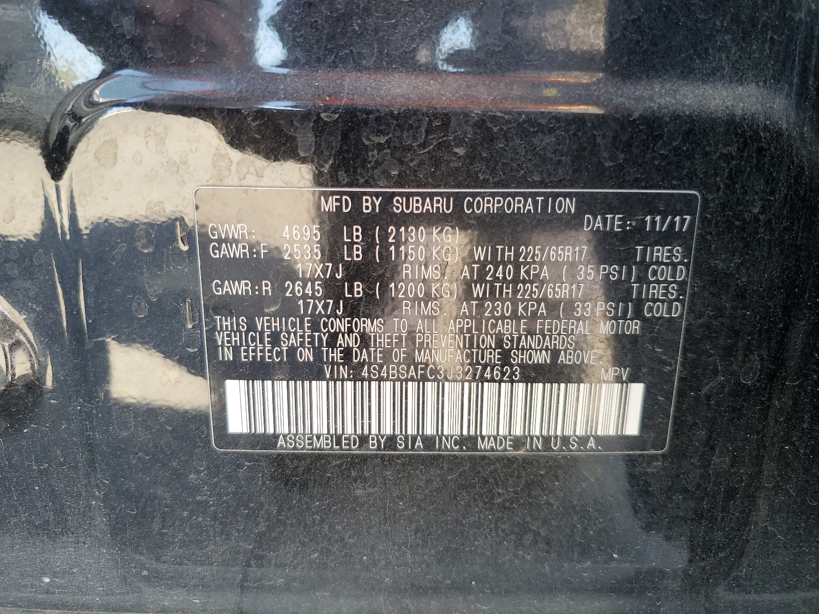 4S4BSAFC3J3274623 2018 Subaru Outback 2.5I Premium